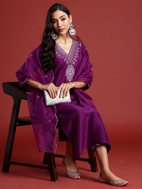 Indo Era Purple Embroidered Straight Kurta Trousers With Dupatta set - Distacart