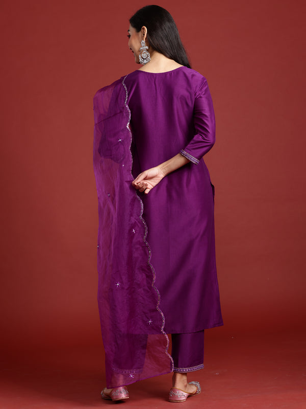 Indo Era Purple Embroidered Straight Kurta Trousers With Dupatta set - Distacart