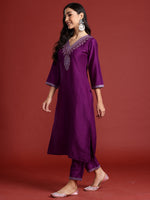 Thumbnail for Indo Era Purple Embroidered Straight Kurta Trousers With Dupatta set - Distacart