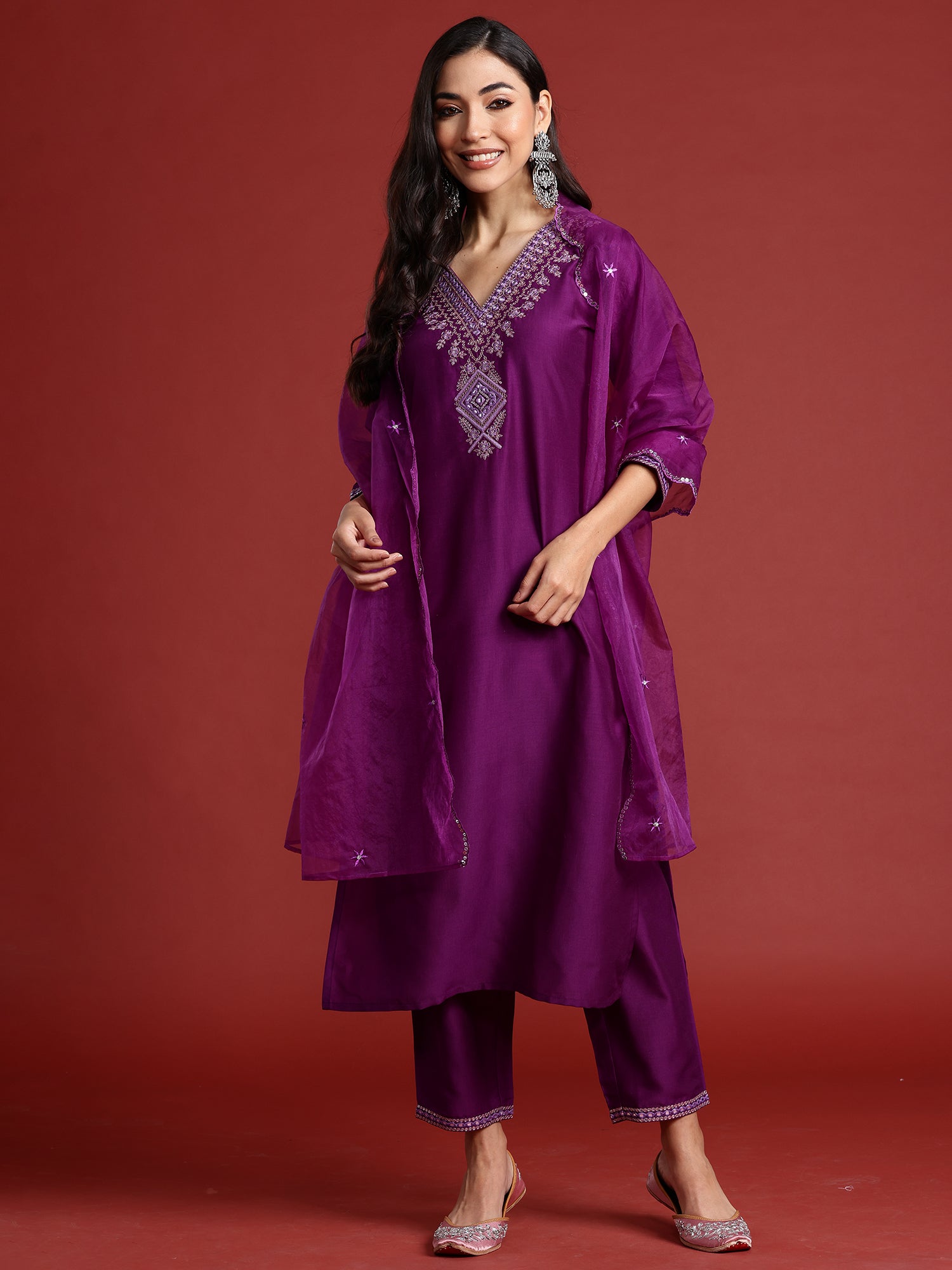 Indo Era Purple Embroidered Straight Kurta Trousers With Dupatta set - Distacart