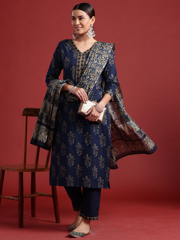 Indo Era Blue Printed Straight Kurta Trousers With Dupatta set - Distacart