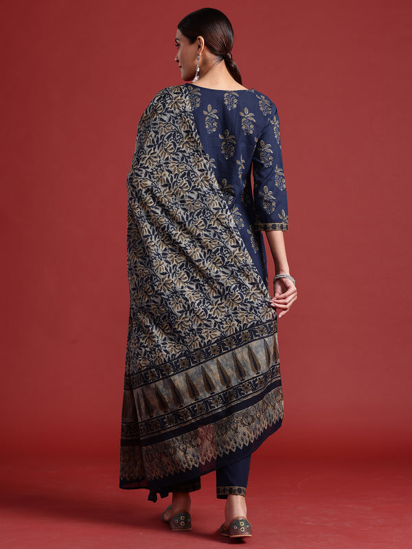 Indo Era Blue Printed Straight Kurta Trousers With Dupatta set - Distacart
