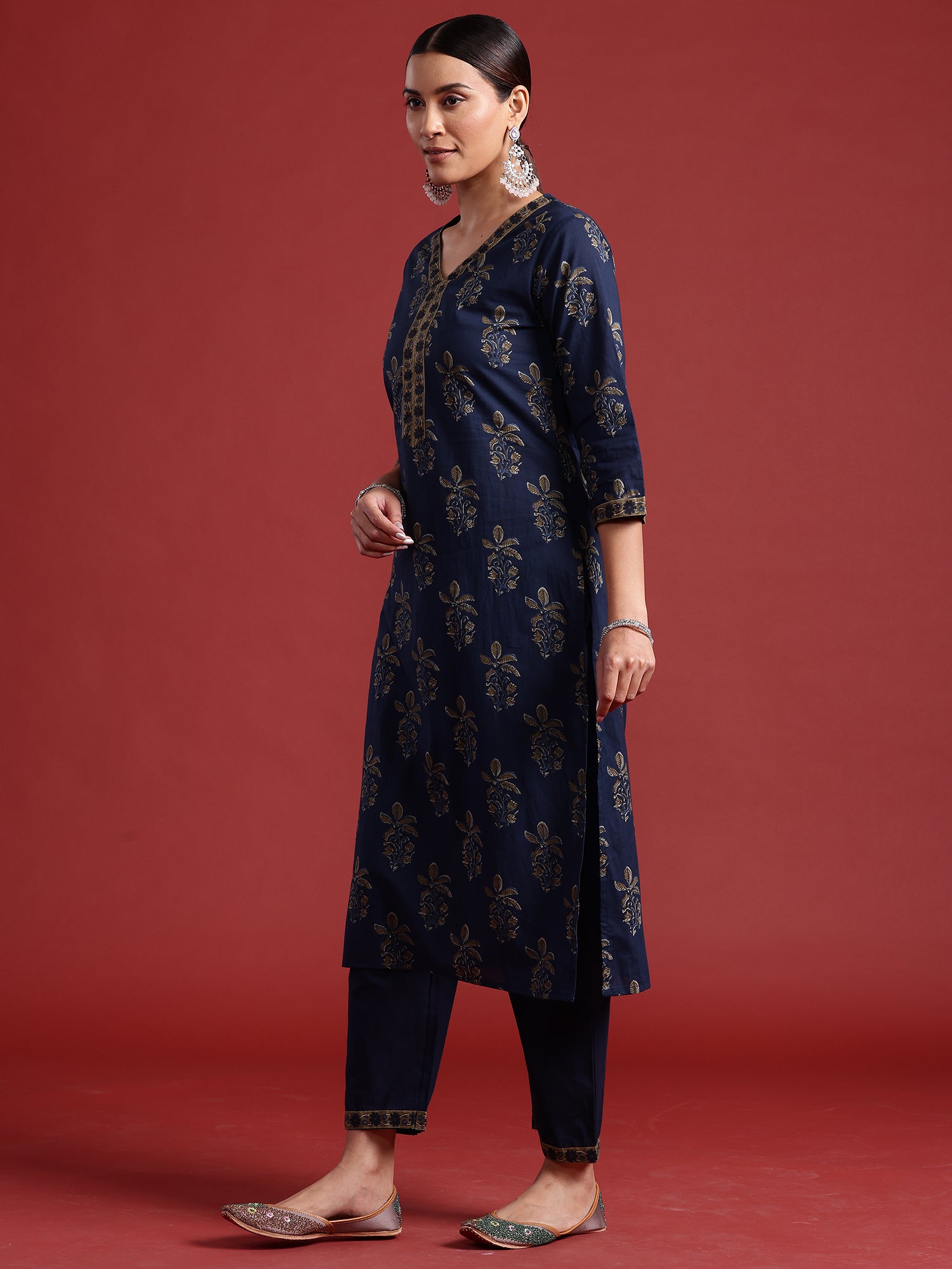 Indo Era Blue Printed Straight Kurta Trousers With Dupatta set - Distacart