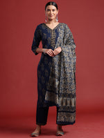 Thumbnail for Indo Era Blue Printed Straight Kurta Trousers With Dupatta set - Distacart