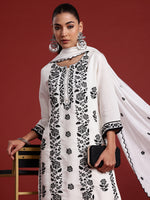 Thumbnail for Indo Era White Embroidered Straight Kurta Trousers With Dupatta Set - Distacart