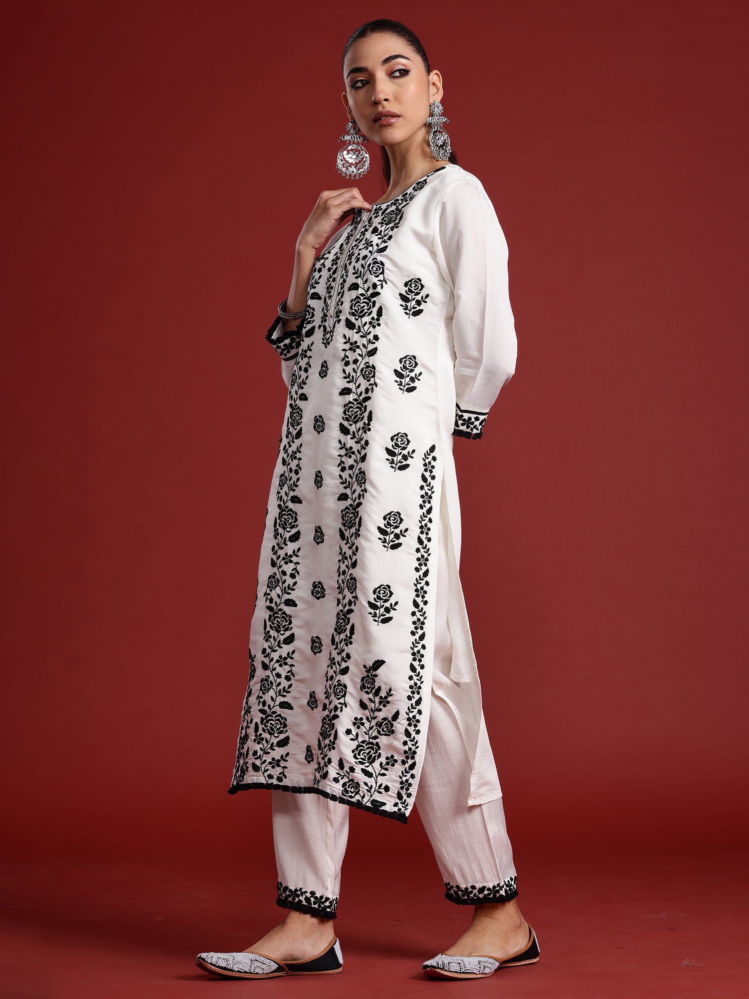 Indo Era White Embroidered Straight Kurta Trousers With Dupatta Set - Distacart