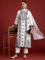 Thumbnail for Indo Era White Embroidered Straight Kurta Trousers With Dupatta Set - Distacart