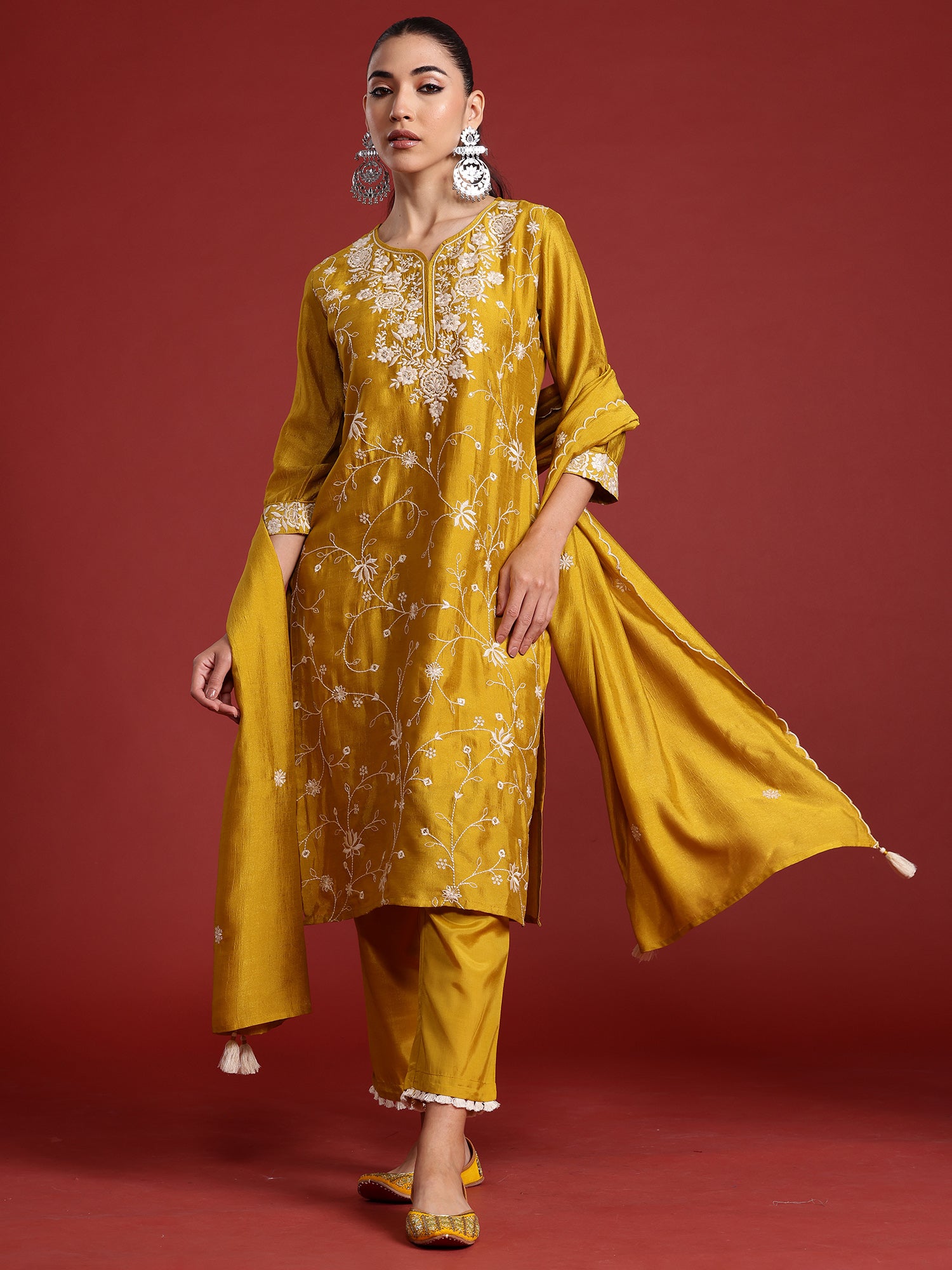 Indo Era Yellow Embroidered Straight Kurta Trousers With Dupatta Set - Distacart