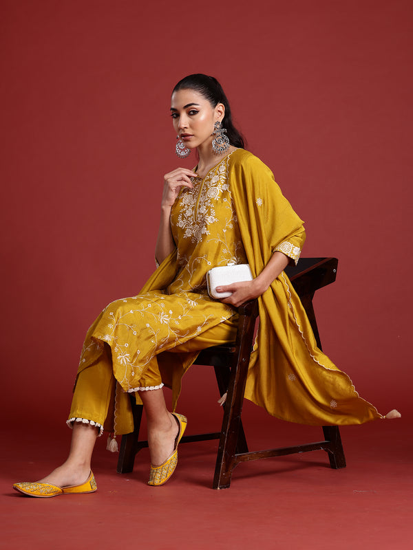 Indo Era Yellow Embroidered Straight Kurta Trousers With Dupatta Set - Distacart