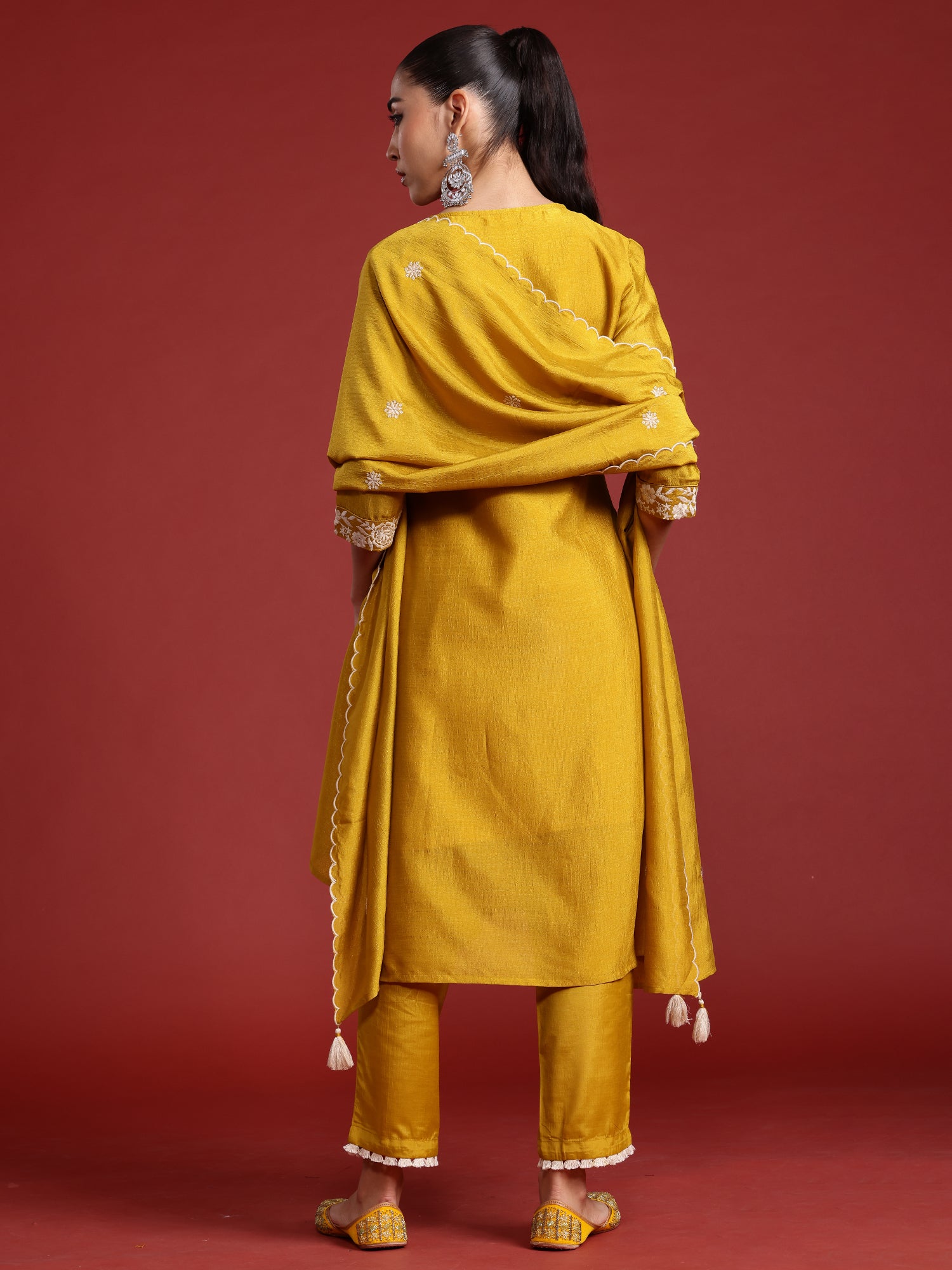 Indo Era Yellow Embroidered Straight Kurta Trousers With Dupatta Set - Distacart