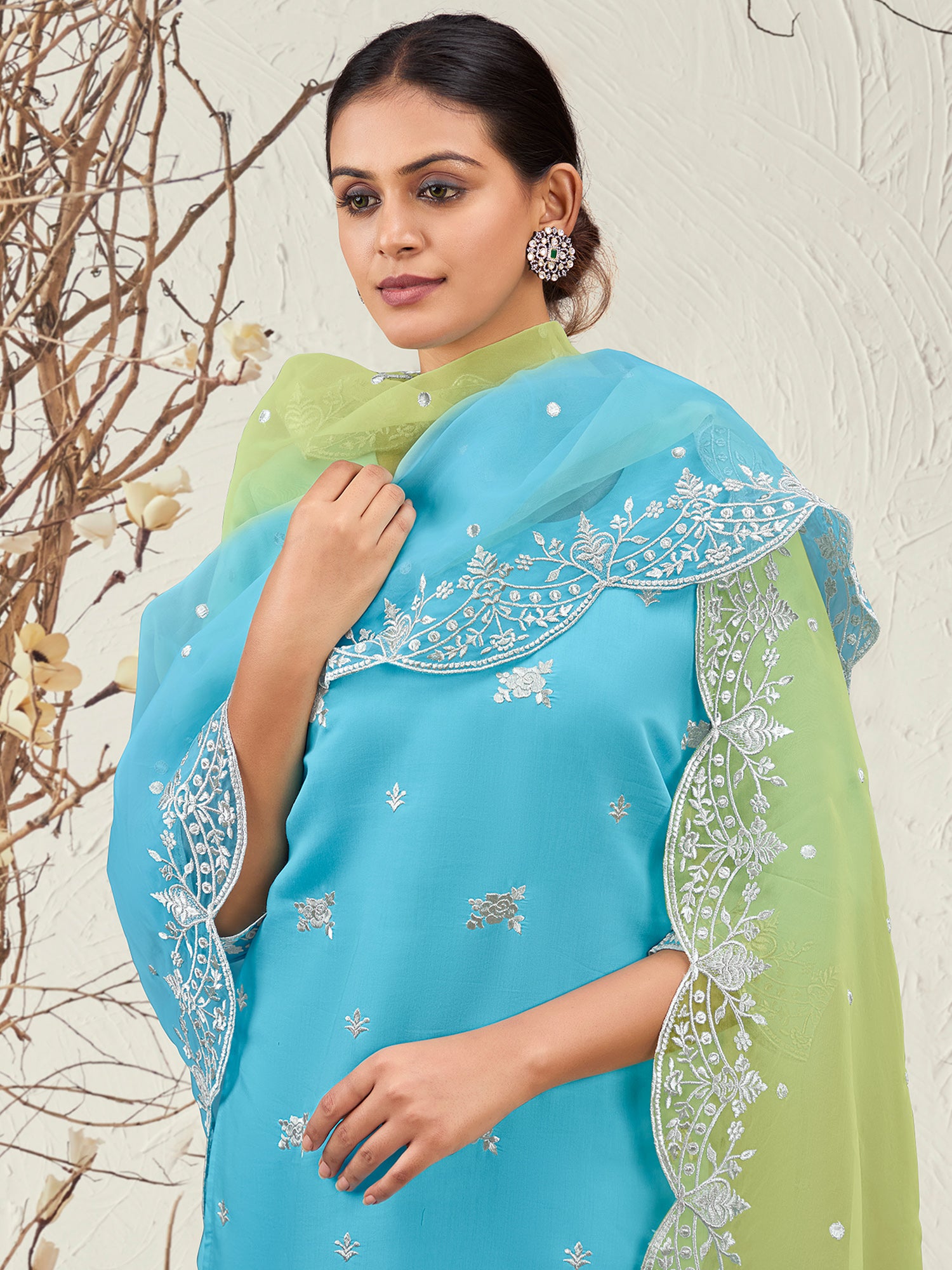 Indo Era Blue Straight Embroidered Kurta Trousers With Dupatta Set - Distacart