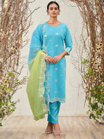 Thumbnail for Indo Era Blue Straight Embroidered Kurta Trousers With Dupatta Set - Distacart