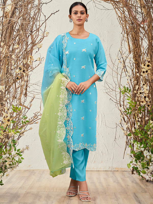 Indo Era Blue Straight Embroidered Kurta Trousers With Dupatta Set - Distacart