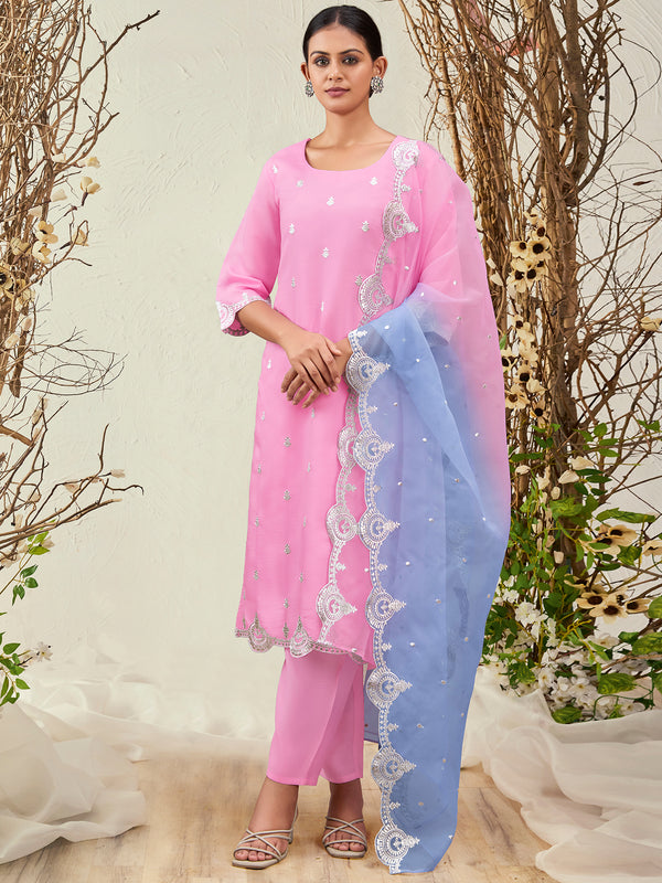 Indo Era Pink Straight Embroidered Kurta Trousers With Dupatta Set - Distacart