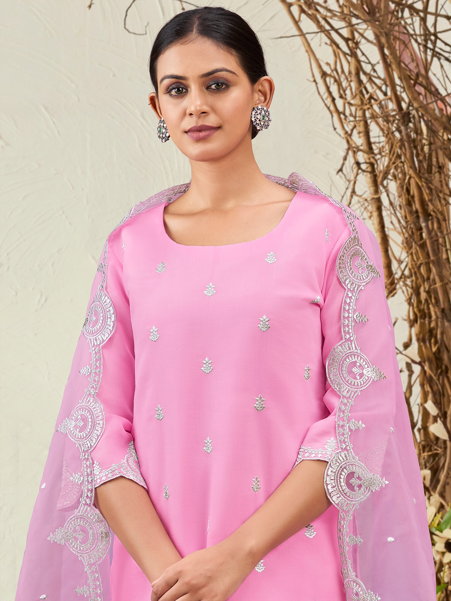 Indo Era Pink Straight Embroidered Kurta Trousers With Dupatta Set - Distacart