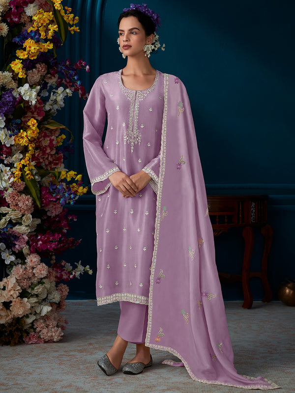 Indo Era Lavender Straight Embroidered Kurta Trousers With Dupatta Set - Distacart