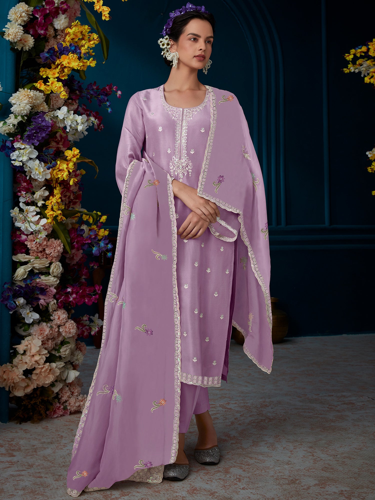 Indo Era Lavender Straight Embroidered Kurta Trousers With Dupatta Set - Distacart