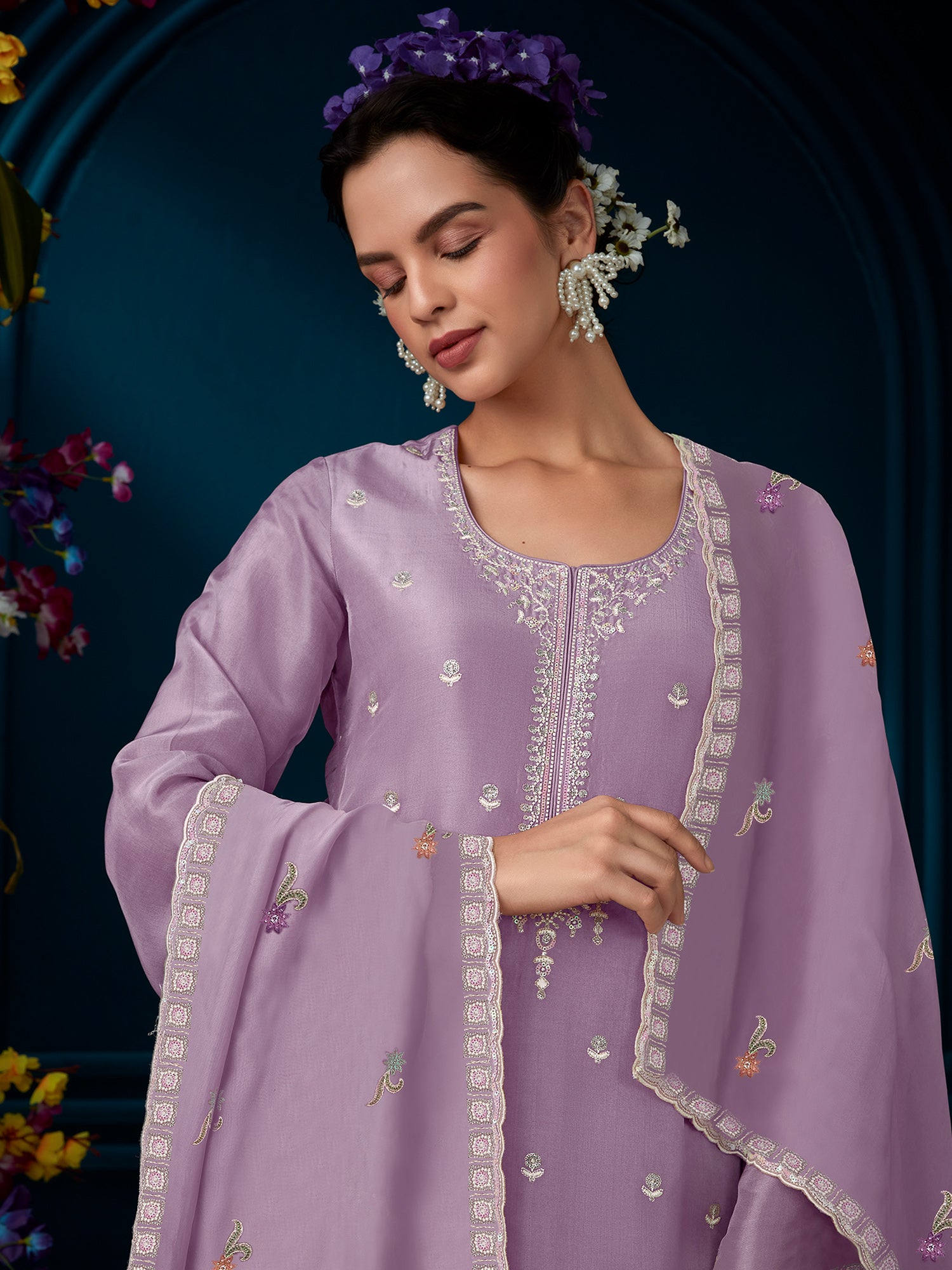 Indo Era Lavender Straight Embroidered Kurta Trousers With Dupatta Set - Distacart
