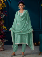 Thumbnail for Indo Era Green Straight Embroidered Kurta Trousers With Dupatta Set - Distacart