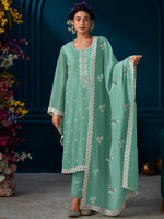 Thumbnail for Indo Era Green Straight Embroidered Kurta Trousers With Dupatta Set - Distacart
