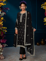 Thumbnail for Indo Era Black Straight Embroidered Kurta Trousers With Dupatta Set - Distacart