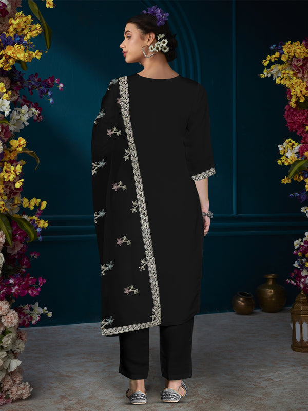 Indo Era Black Straight Embroidered Kurta Trousers With Dupatta Set - Distacart