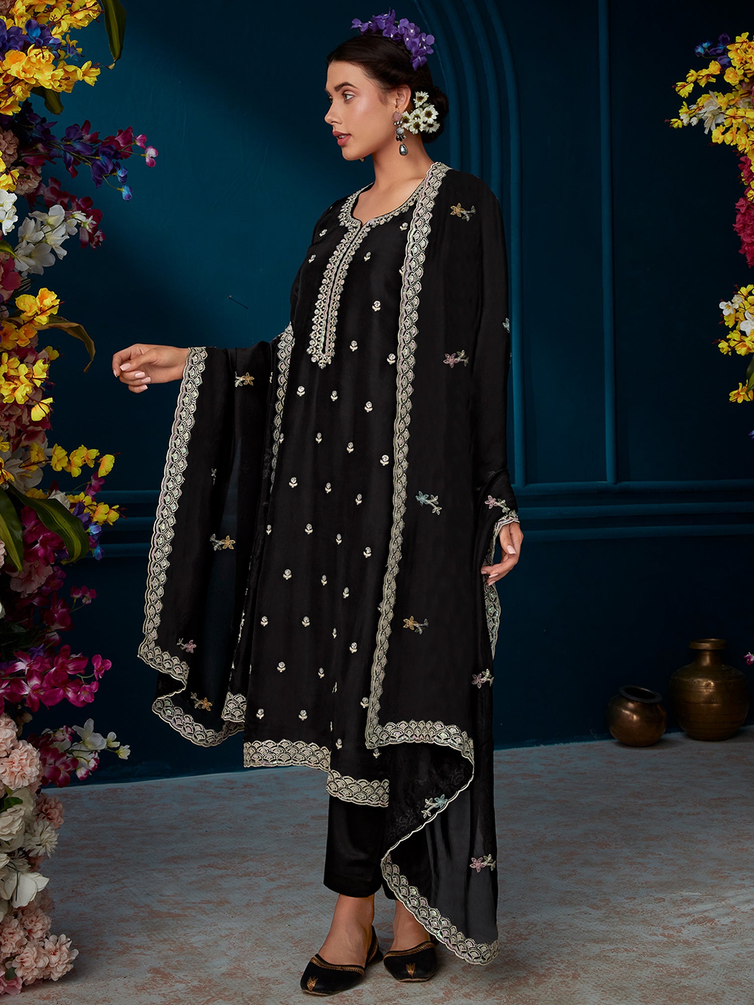 Indo Era Black Straight Embroidered Kurta Trousers With Dupatta Set - Distacart