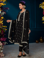Thumbnail for Indo Era Black Straight Embroidered Kurta Trousers With Dupatta Set - Distacart