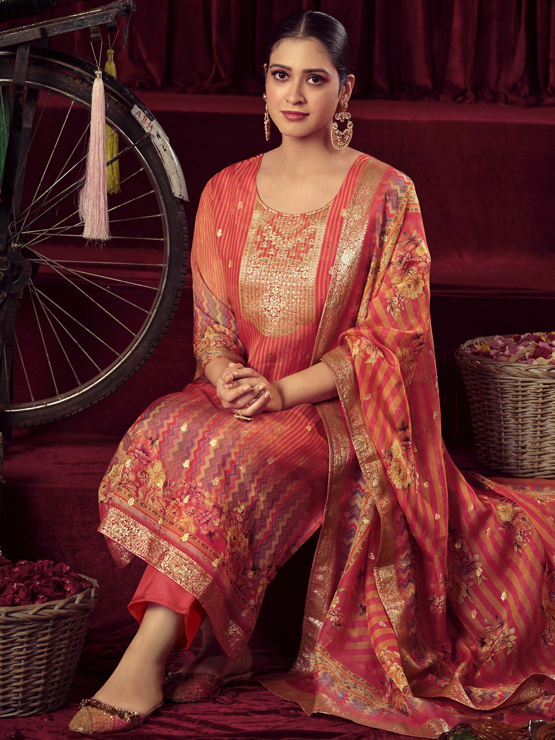 Jyoti Fashion Women's Orange Organza Jacquard Woven Kurta with Trouser & Dupatta - Distacart