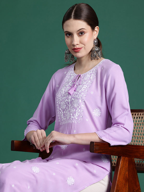 Indo Era Purple Embroidered Straight Kurta - Distacart
