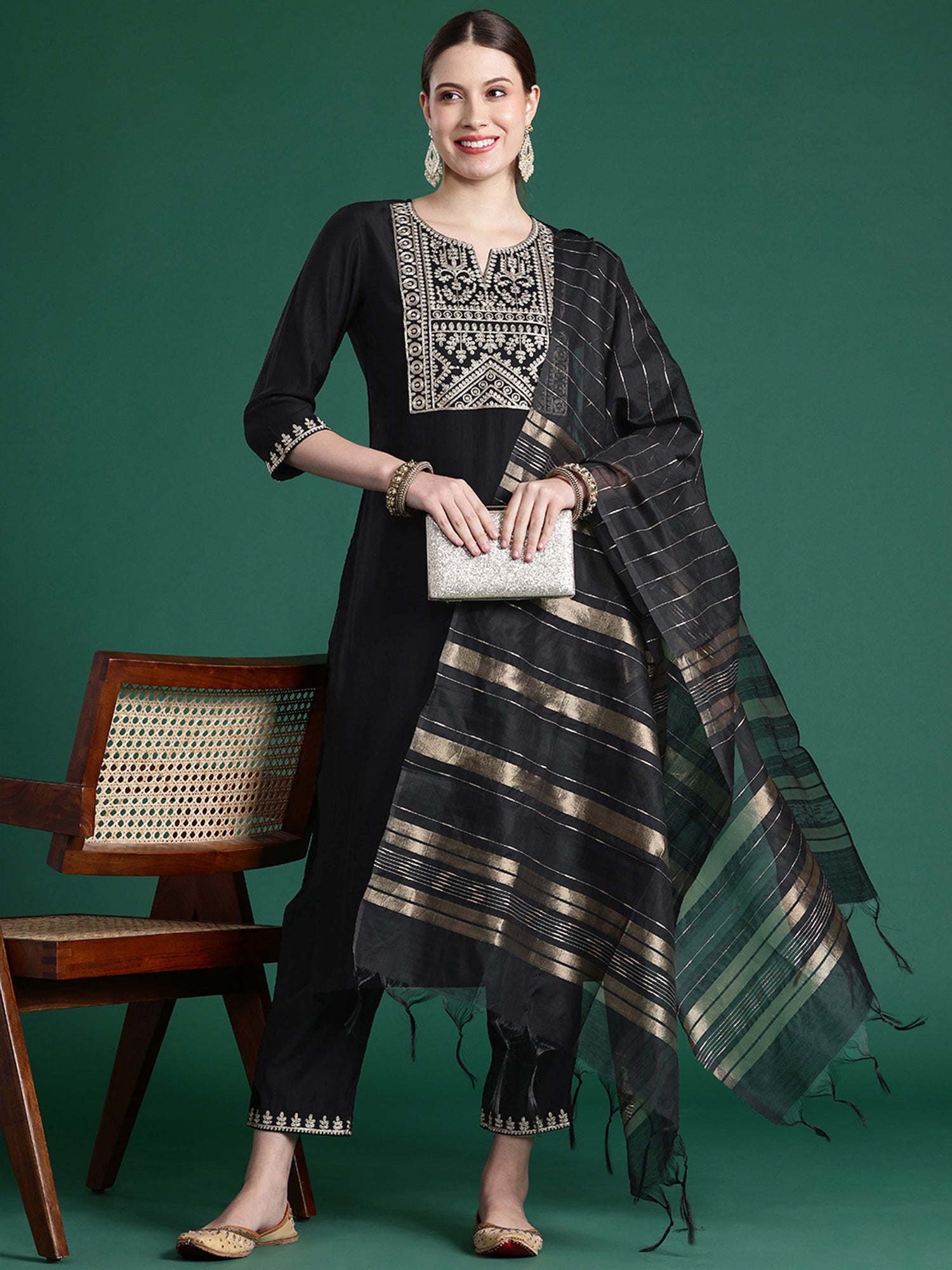 Indo Era Black Embroidered Straight Kurta Trousers With Dupatta set - Distacart
