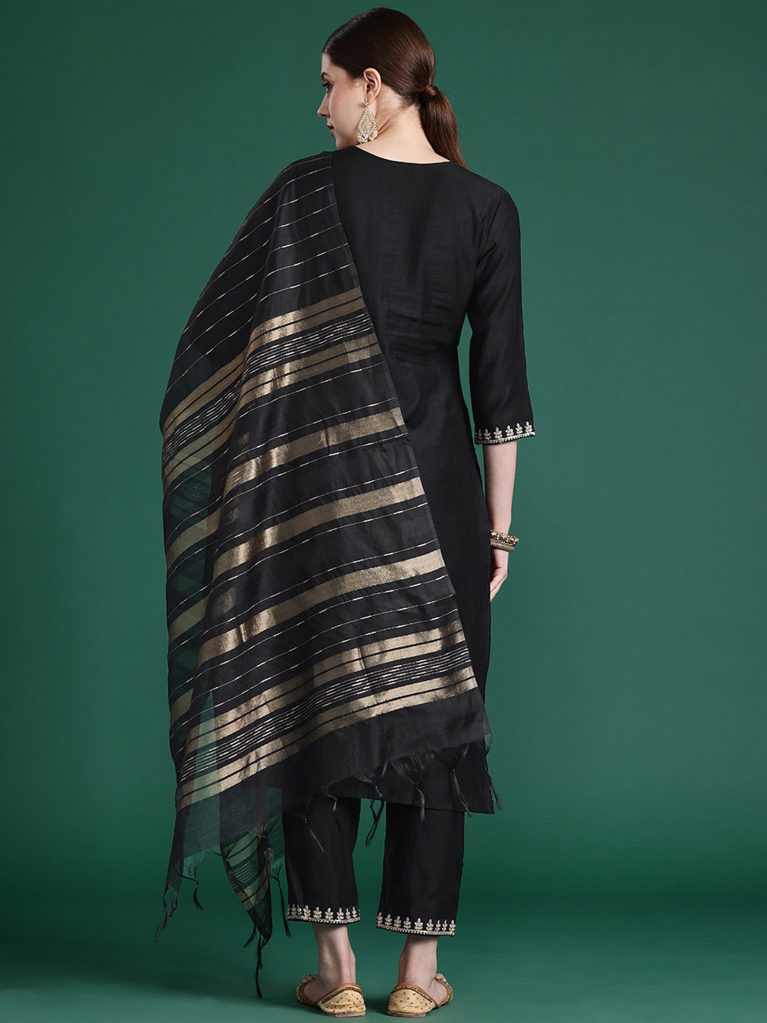 Indo Era Black Embroidered Straight Kurta Trousers With Dupatta set - Distacart