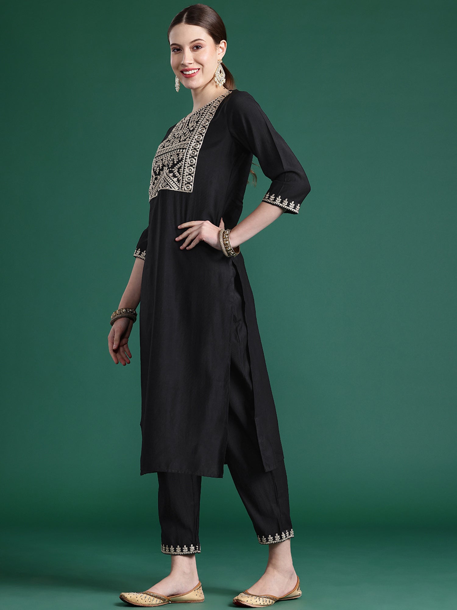 Indo Era Black Embroidered Straight Kurta Trousers With Dupatta set - Distacart