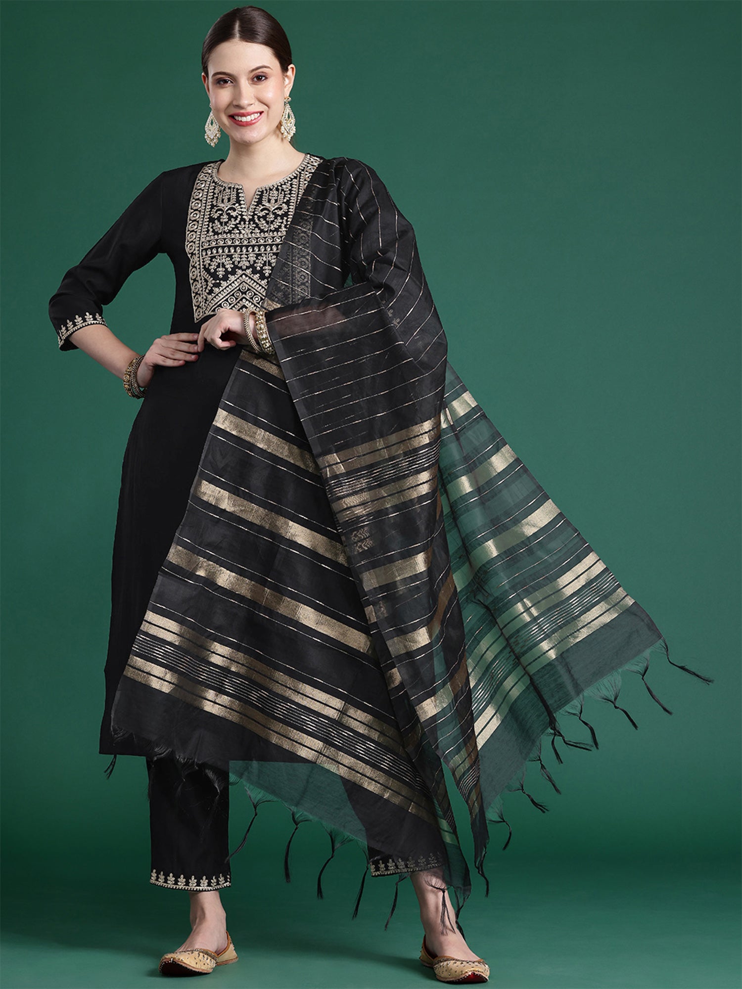 Indo Era Black Embroidered Straight Kurta Trousers With Dupatta set - Distacart