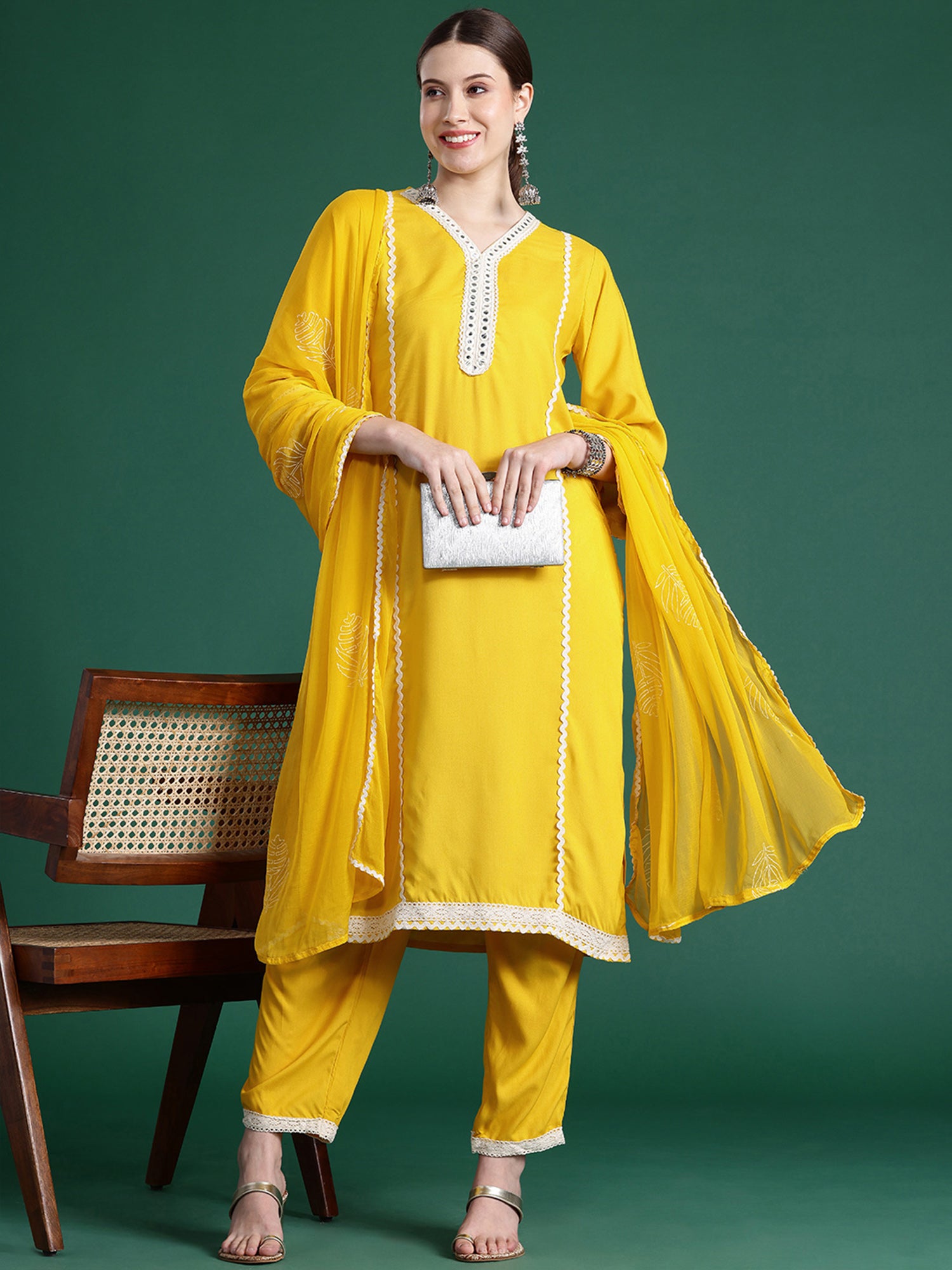 Indo Era Yellow Embroidered Straight Kurta Trousers With Dupatta set - Distacart