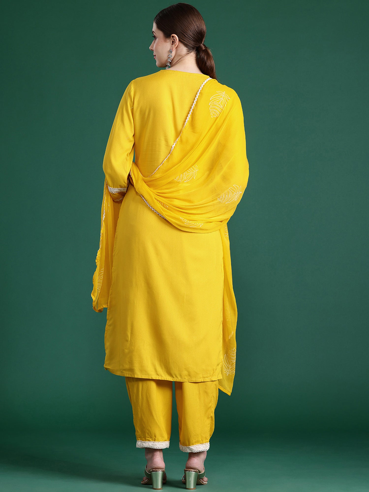 Indo Era Yellow Embroidered Straight Kurta Trousers With Dupatta set - Distacart