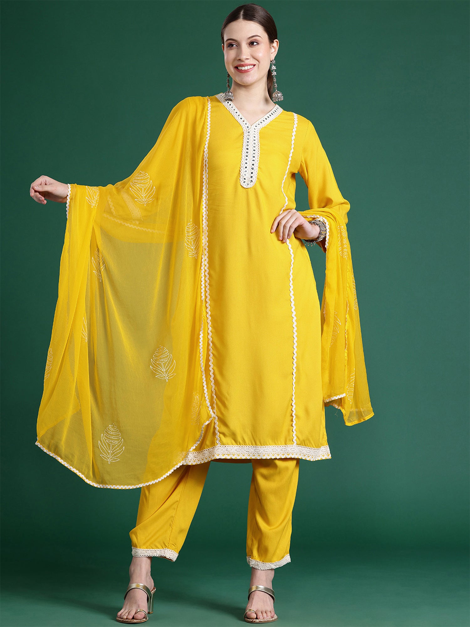 Indo Era Yellow Embroidered Straight Kurta Trousers With Dupatta set - Distacart