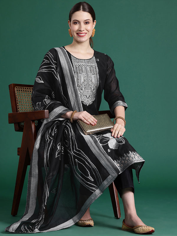 Indo Era Black Woven Design Straight Kurta Trousers set - Distacart