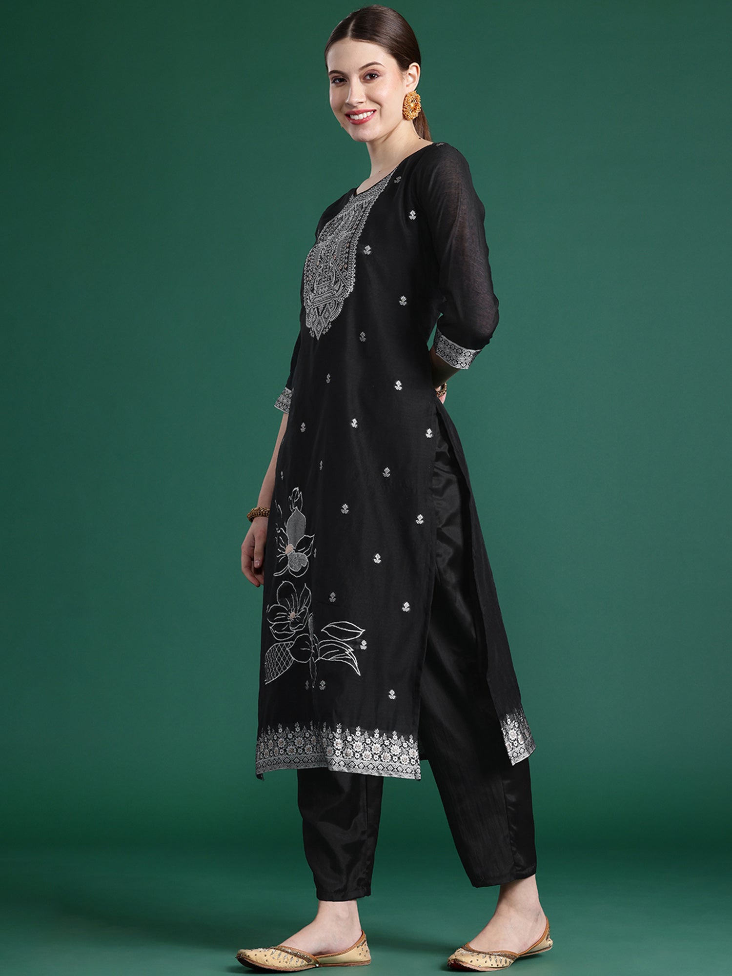 Indo Era Black Woven Design Straight Kurta Trousers set - Distacart