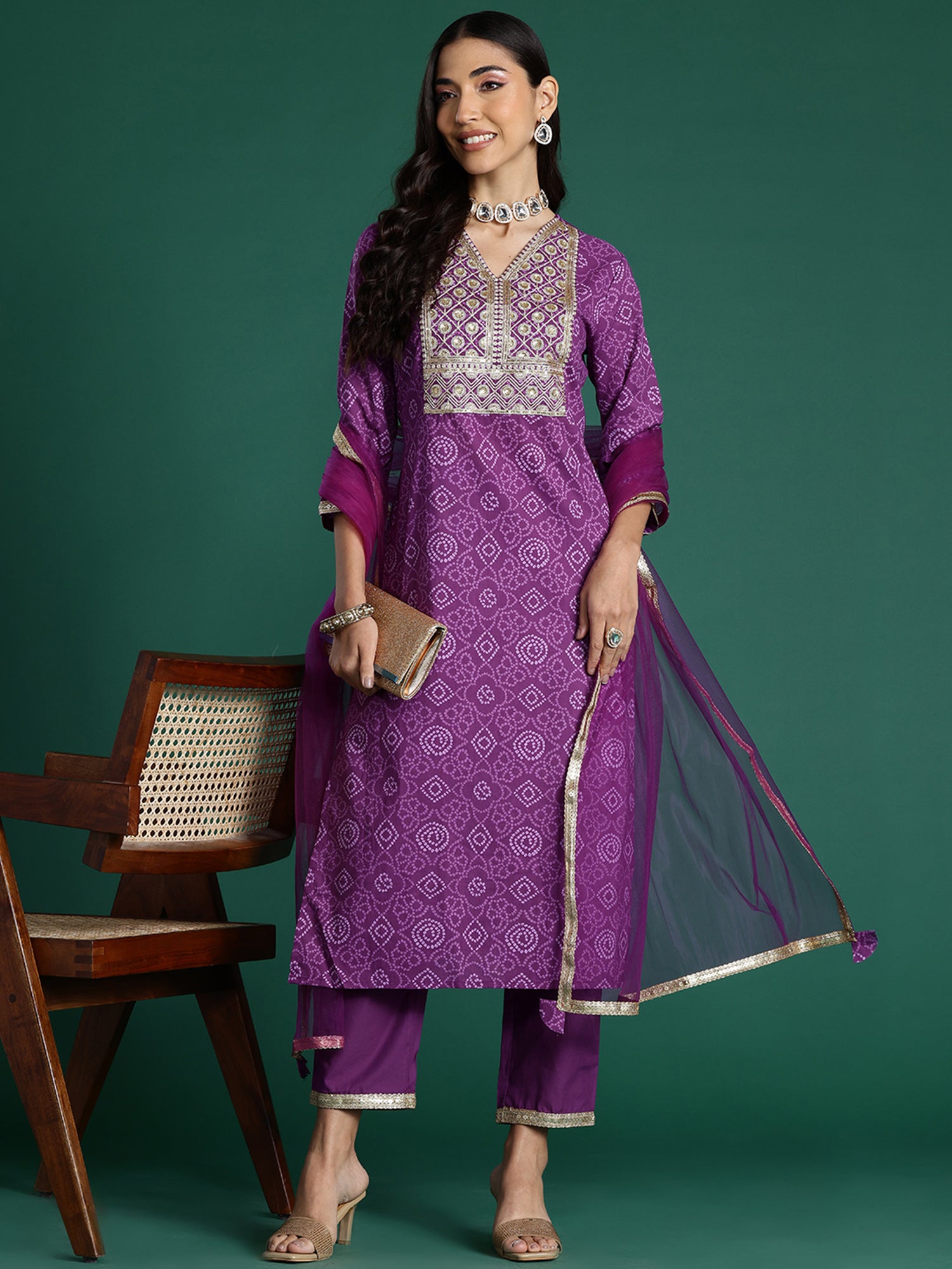 Indo Era Purple Embroidered Straight Kurta Trousers With Dupatta set - Distacart