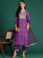 Thumbnail for Indo Era Purple Embroidered Straight Kurta Trousers With Dupatta set - Distacart