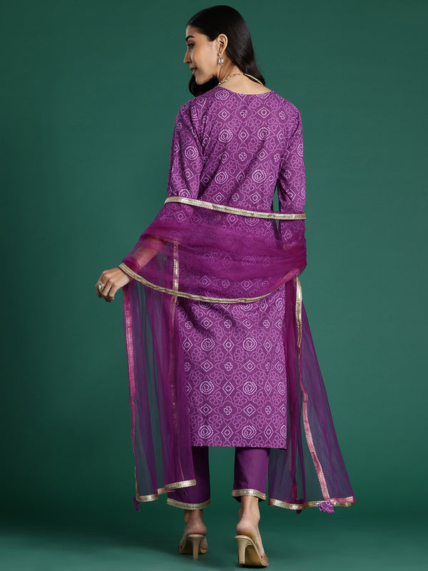 Indo Era Purple Embroidered Straight Kurta Trousers With Dupatta set - Distacart