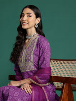 Thumbnail for Indo Era Purple Embroidered Straight Kurta Trousers With Dupatta set - Distacart