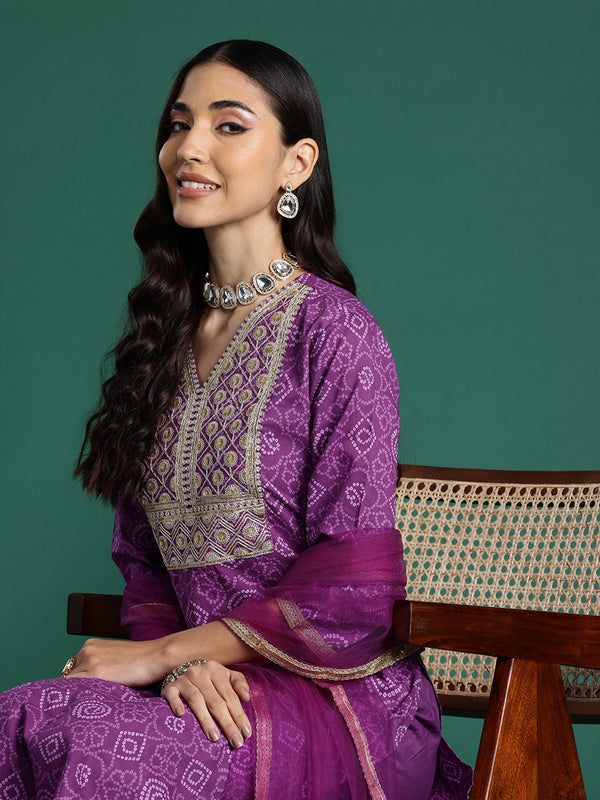 Indo Era Purple Embroidered Straight Kurta Trousers With Dupatta set - Distacart