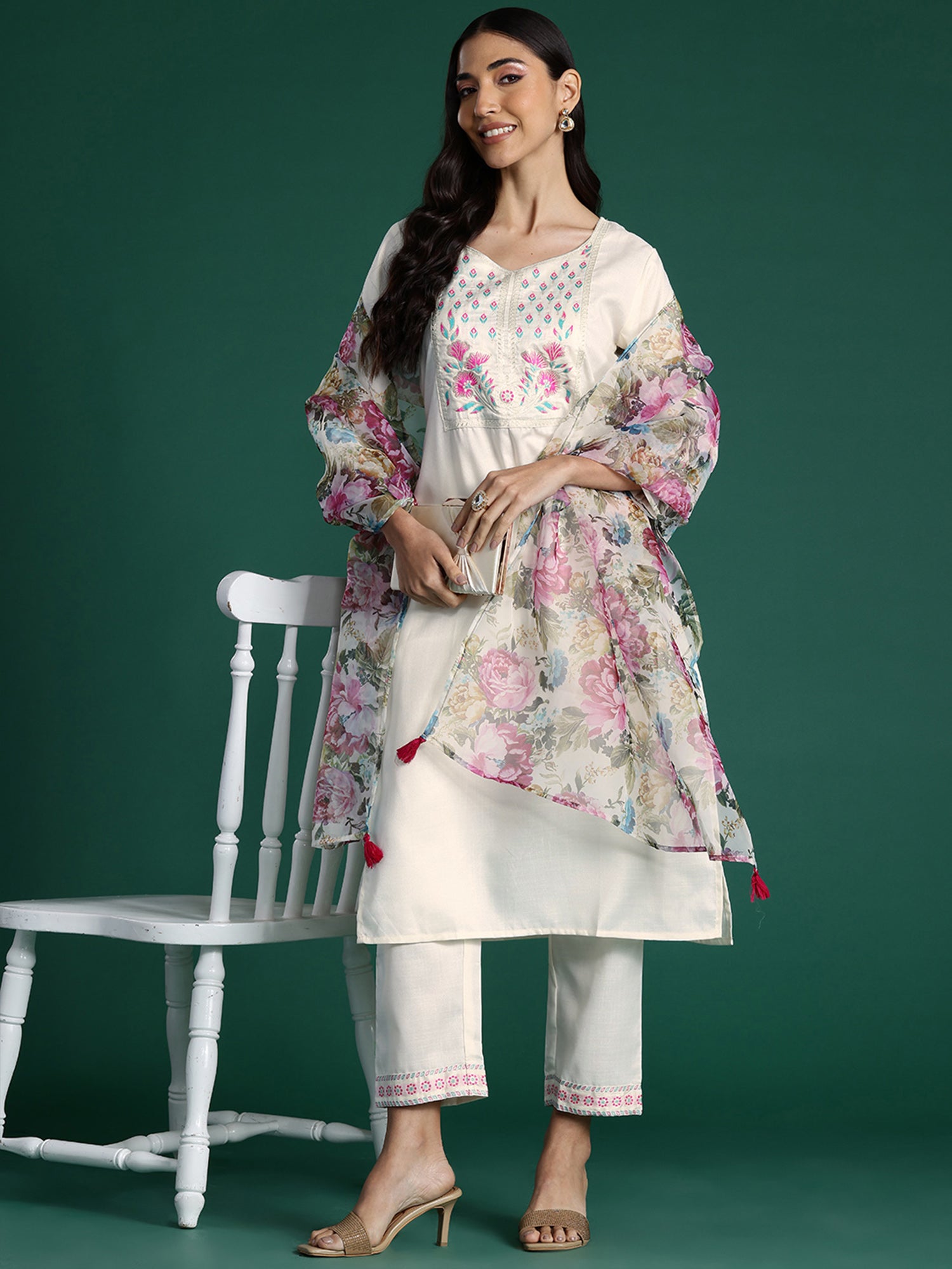 Indo Era White Yoke Design Straight Kurta Trousers With Dupatta set - Distacart