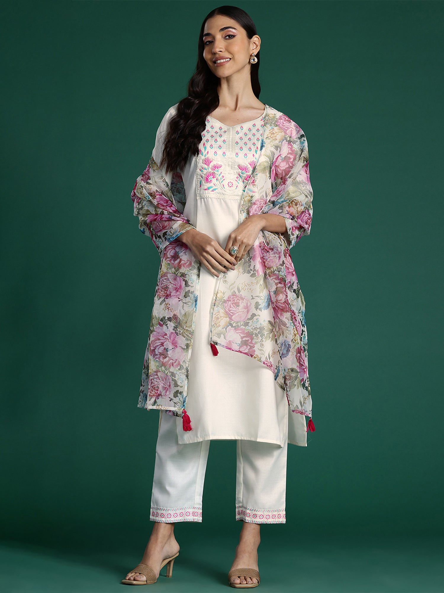 Indo Era White Yoke Design Straight Kurta Trousers With Dupatta set - Distacart