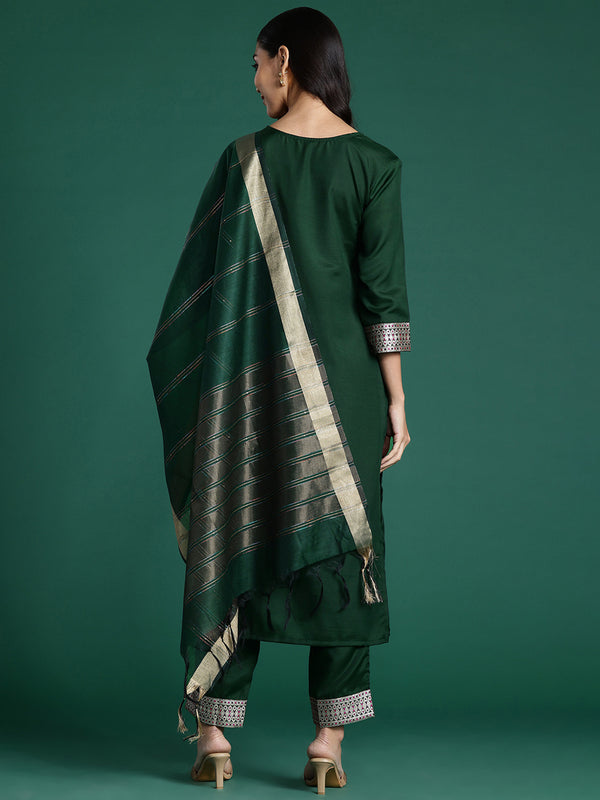 Indo Era Green Yoke Design Straight Kurta Trousers With Dupatta set - Distacart