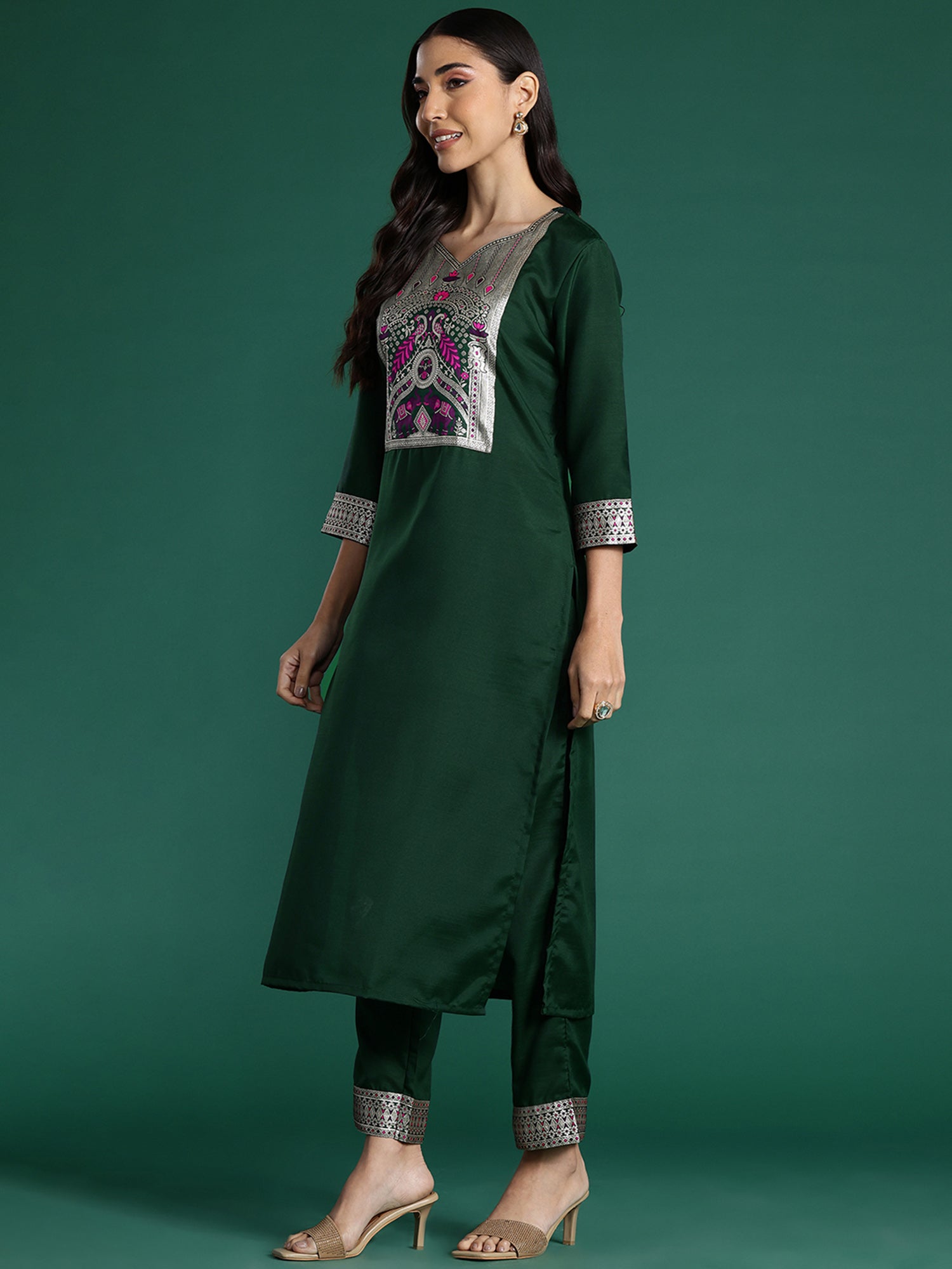 Indo Era Green Yoke Design Straight Kurta Trousers With Dupatta set - Distacart