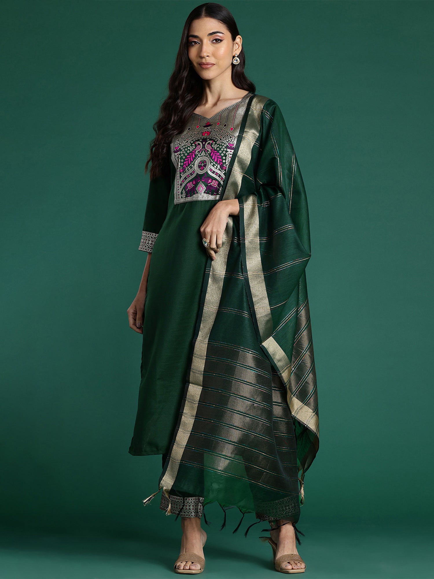 Indo Era Green Yoke Design Straight Kurta Trousers With Dupatta set - Distacart