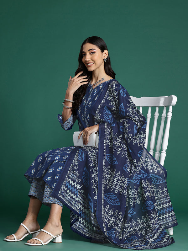 Indo Era Blue Printed Straight Kurta Trousers With Dupatta set - Distacart